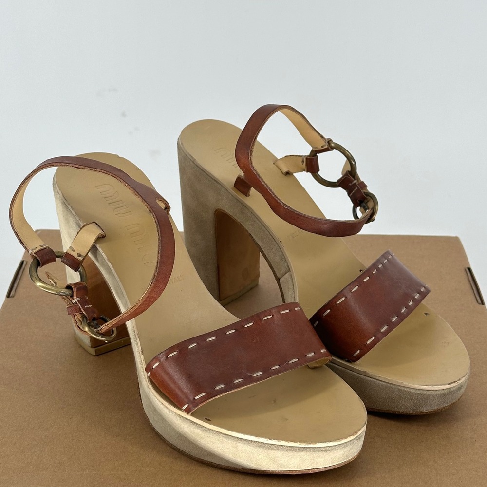 Miu Miu Brown Suede‎ Platform Leather Heel Sandals Ankle Strap Open Toe 39 FLAWS